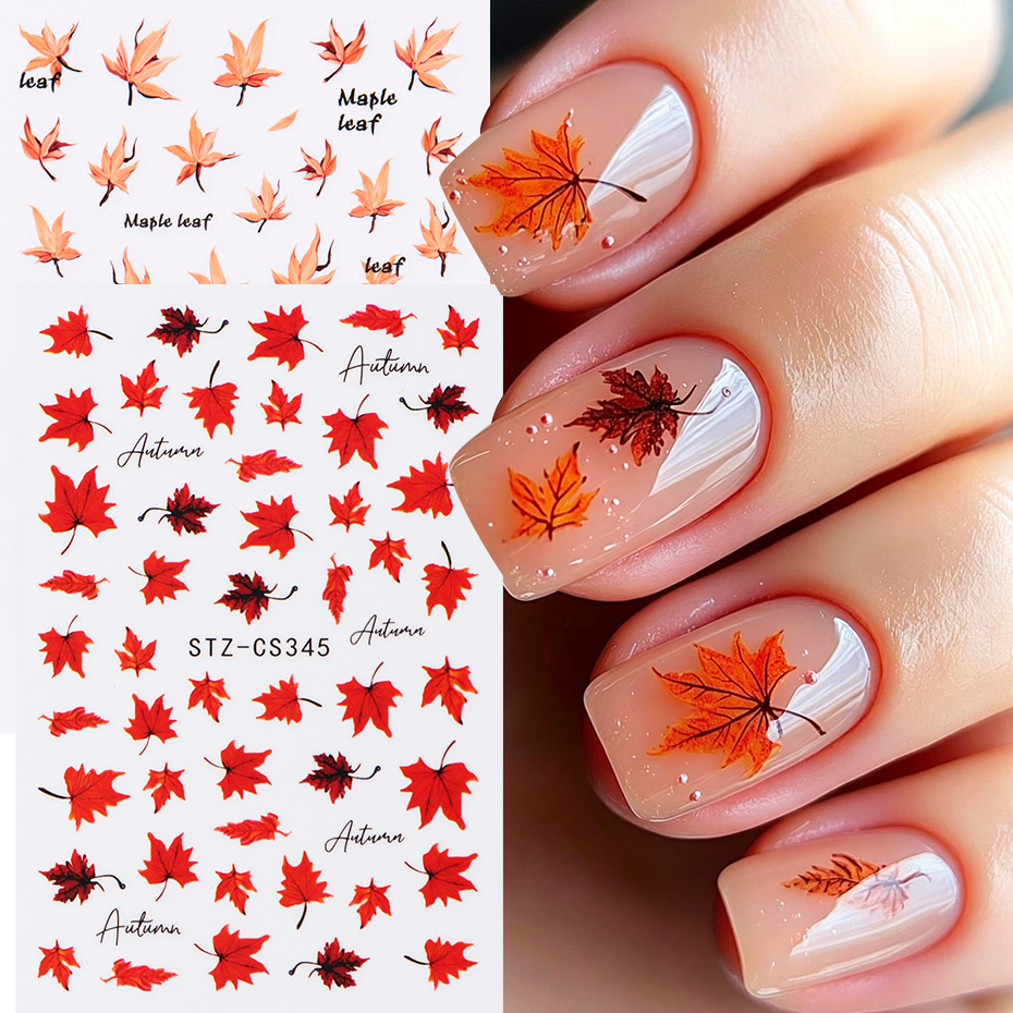 Nail Art Orange - สติกเกอร์ติดเล็บลายใบเมเปิ้ลสีส้มแดง 2 ชิ้น สำหรับตกแต่งเล็บลายใบไม้ร่วง ฤดูใบไม้ร่วง