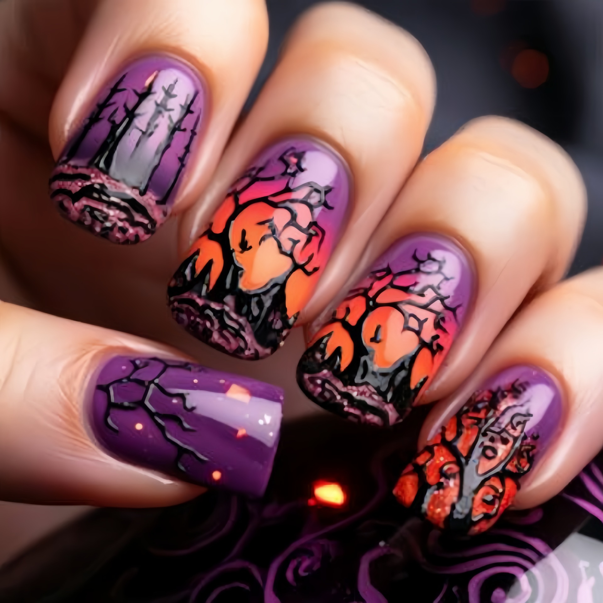 Nail Art Orange - เล็บปลอมทรงสี่เหลี่ยมขนาดกลางสำหรับผู้หญิงและเด็กผู้หญิง สี Y2K ไล่เฉดสีม่วง น้ำเงิน ส้ม