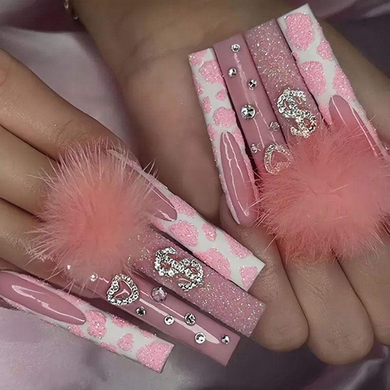 Nail Art Press On - 24 ชิ้นยาวพิเศษสแควร์กดบนเล็บ Love รูปแบบภาษาฝรั่งเศสคําสวมใส่เต็มเล็บปลอมเคล็ดลับประดิษฐ์โลงศพเล็บปลอม