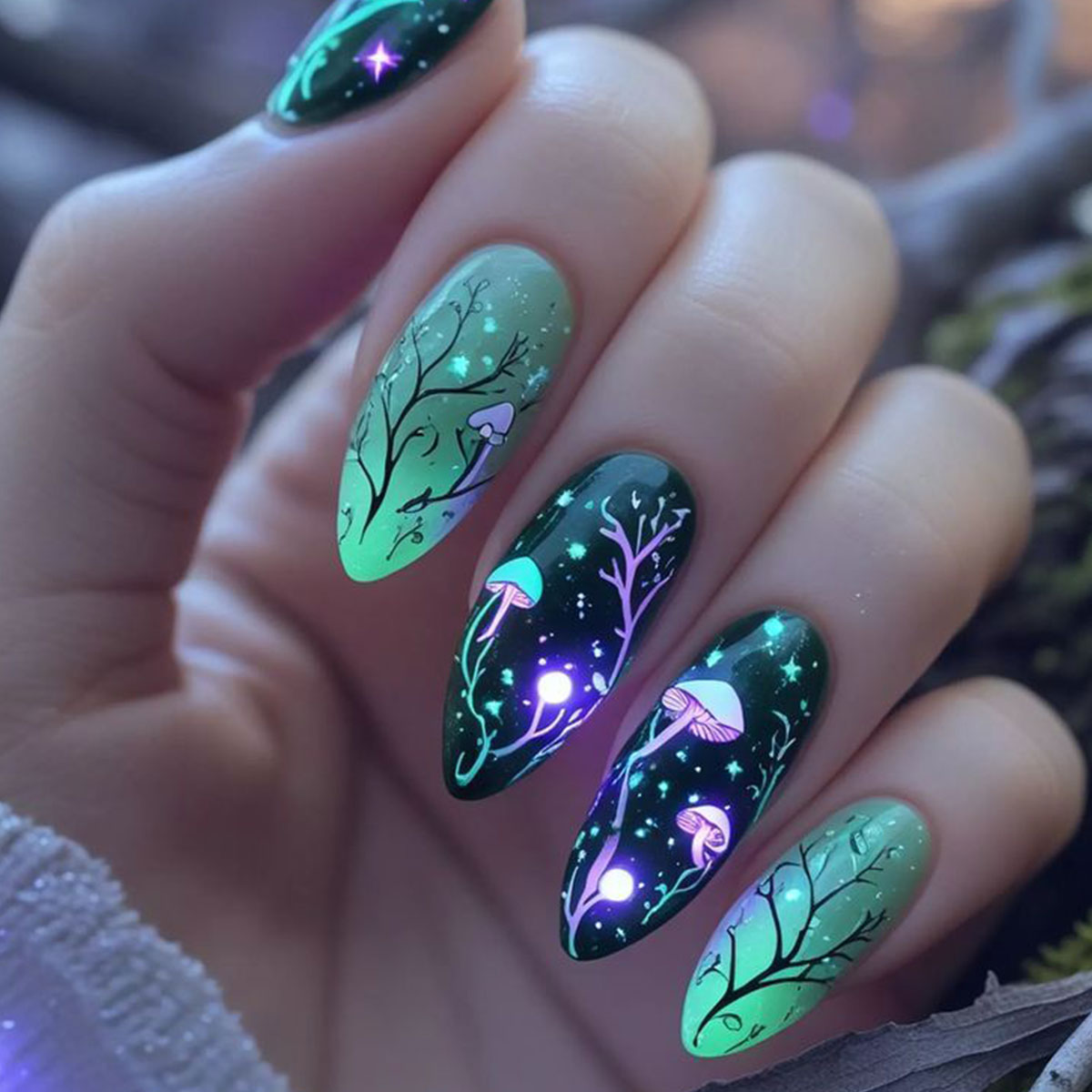เล็บปลอมอะลมอนด์ลายเห็ด ลายใบไ - Nail Art Press On บทวิจารณ์และราคา