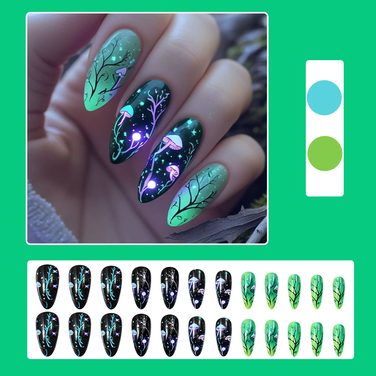 เล็บปลอมอะลมอนด์ลายเห็ด ลายใบไ - Nail Art Press On บทวิจารณ์และราคา