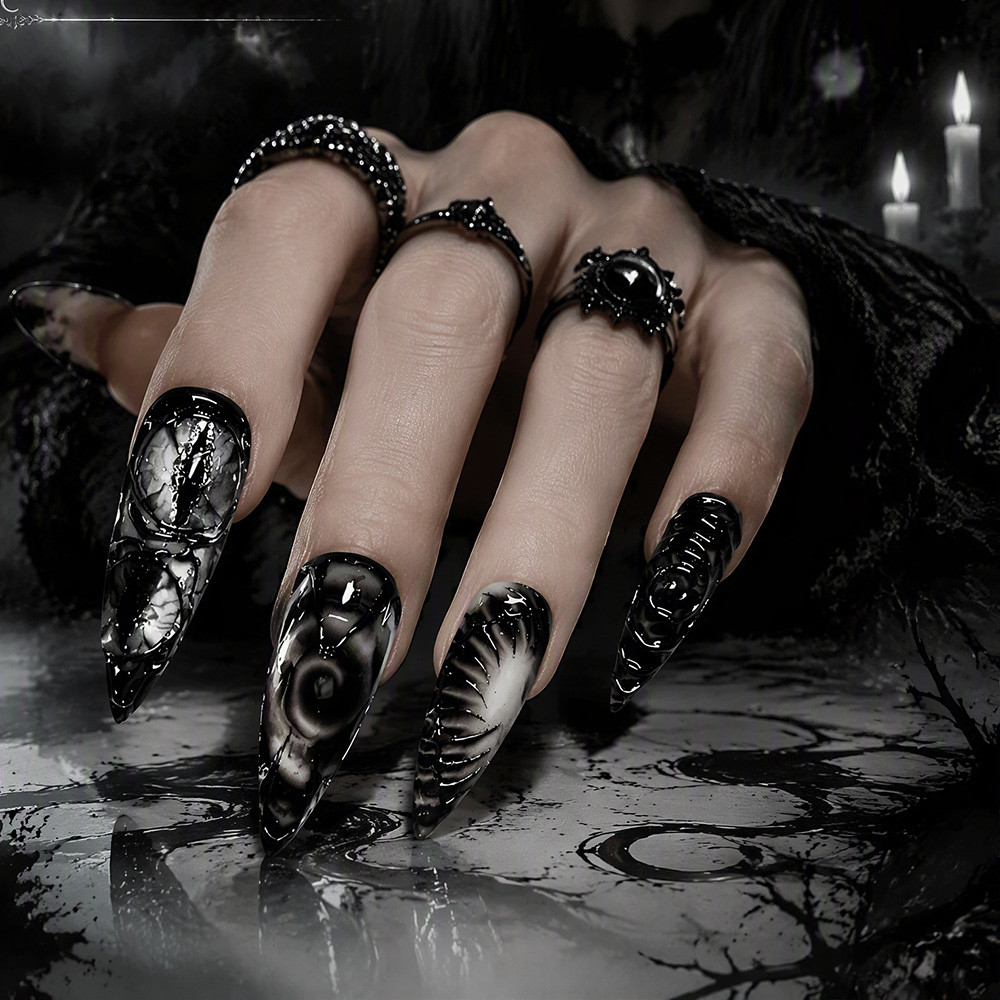 เล็บปลอมสไตล์กอธิคแบบสติเลตโต  - Nail Art Press On บทวิจารณ์และราคา